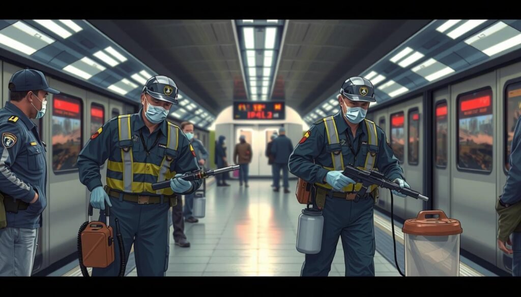 A well-lit, detailed illustration showcasing the services of two prominent pest control companies, "iCareCPAP" and its competitor, in the context of public transportation facilities. The foreground depicts uniformed professionals from each company demonstrating their methods, with close-up views of their equipment and treatments. The middle ground features a modern train station or subway platform, conveying a sense of the real-world application of these services. The background provides a clean, neutral environment, allowing the viewer to focus on the comparative aspects of the companies' offerings. The overall mood is one of professionalism, efficiency, and the importance of effective pest management in public spaces.