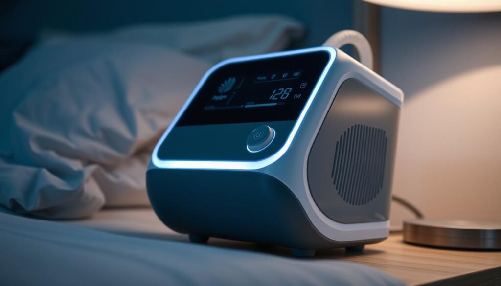 A close-up view of a sleek, modern iCareCPAP sleep apnea machine. The device's minimalist, grey and white design features intuitive controls and a clear display panel. Soft LED lighting illuminates the machine, creating a calming atmosphere. The machine is positioned on a bedside table, surrounded by a tranquil, dimly lit bedroom setting. The angle showcases the machine's compact, user-friendly form factor, highlighting its essential role in providing effective respiratory support for a restful, restorative night's sleep.