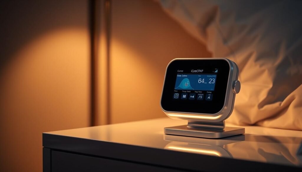 A technologically advanced nighttime respiratory monitoring system. Sleek, modern iCareCPAP device with a minimalist, streamlined design. Mounted on a bedside table, casting a soft, ambient glow. Detailed sensors track breathing patterns, oxygen levels, and other vital signs. Discreet display panel shows real-time data. Warm, soothing lighting creates a calming, therapeutic atmosphere. Subtle reflections on the smooth, high-gloss surface. Elegant, understated medical equipment blending seamlessly into the bedroom setting. Cutting-edge technology monitoring sleep health discreetly and efficiently.