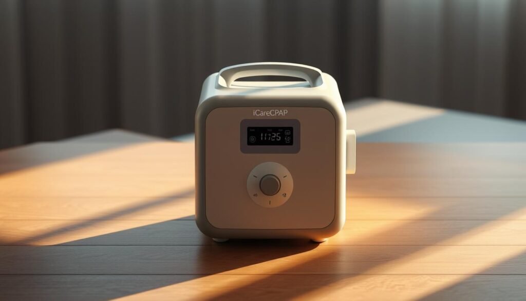 A minimalist, photorealistic medical device sitting on a wooden table, casting soft shadows. The iCareCPAP sleep apnea machine is centered, its sleek white and gray design highlighted by warm, indirect lighting. The device's intuitive interface and digital display are clearly visible, conveying its advanced functionality. The background is a serene, blurred scene, allowing the machine to be the focal point, emphasizing its importance in sleep therapy. The overall mood is one of clinical precision and therapeutic efficacy. A minimalist, photorealistic medical device sitting on a wooden table, casting soft shadows. The iCareCPAP sleep apnea machine is centered, its sleek white and gray design highlighted by warm, indirect lighting. The device's intuitive interface and digital display are clearly visible, conveying its advanced functionality. The background is a serene, blurred scene, allowing the machine to be the focal point, emphasizing its importance in sleep therapy. The overall mood is one of clinical precision and therapeutic efficacy.