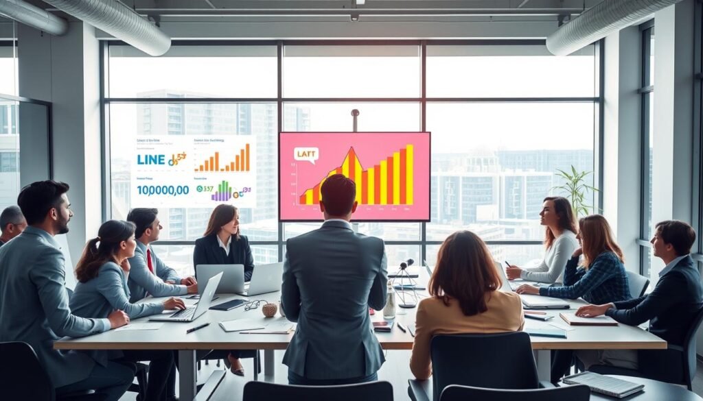 A modern, professional office space showcasing a digital marketing strategy meeting. In the foreground, a diverse group of professionals in business attire focuses on a digital presentation on a large screen displaying vibrant graphs and analytics related to LINE and LAP advertising strategies. The middle layer features tables cluttered with laptops, notepads, and brainstorming materials, emphasizing collaboration and innovation. In the background, large windows allow natural light to illuminate the room, creating a bright atmosphere. The mood is one of excitement and teamwork, underscoring the concept of expanding audiences through modern marketing techniques. The angle captures both the dynamic engagement of the team and the high-tech environment, with a clear focus on professionalism and ingenuity.