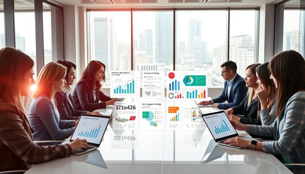 A vibrant and modern digital marketing strategy representation, emphasizing the integration of lap廣告 and line lap. In the foreground, a diverse group of professionals in business attire collaborates around a sleek conference table with laptops displaying graphs and analytics. In the middle ground, dynamic infographics and flowcharts illustrate audience segmentation and user engagement strategies, merging lap廣告 with line lap seamlessly. The background features a contemporary office environment with large windows letting in natural light, highlighting a busy cityscape outside. The mood is focused and innovative, conveying a sense of teamwork and strategic planning in action. Soft lighting enhances the clarity of screens, while a slight lens flare adds a touch of optimism to the scene.