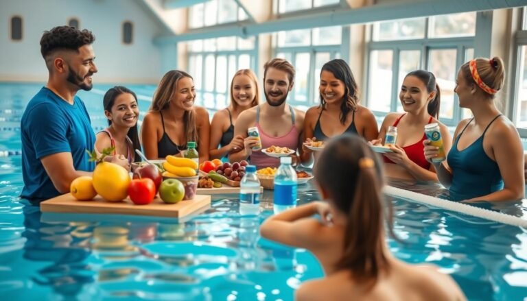 A cozy indoor swimming pool environment, where a group of diverse, modestly dressed swimming students is gathering around a healthy post-swim meal. In the foreground, focus on a table laden with vibrant fruits, protein-packed snacks, and hydration options, such as water bottles and electrolyte drinks. In the middle ground, capture the smiling faces of the students engaged in conversation, some holding plates of nutritious food, showcasing a sense of camaraderie and relaxation. The background features the shimmering blue of the pool with soft natural light streaming through large windows, creating a warm and inviting atmosphere. The overall mood is uplifting, emphasizing the importance of recovery nutrition after a swim class.
