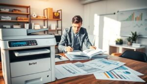A modern office setting featuring an A4 photocopier in the foreground, surrounded by neatly organized reports and analysis documents spread out on a wooden table. In the middle ground, a focused office worker in professional attire is examining the reports, highlighting critical data points with a pen. Soft, natural light streams in from a nearby window, casting gentle shadows and creating an inviting atmosphere. The background includes shelves filled with office supplies and a whiteboard with graphs and charts, enhancing the sense of corporate analysis and management. The overall mood is one of diligence and professionalism, reflecting a meticulous approach to resource management and auditing.