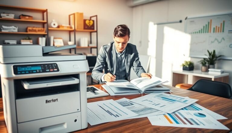 A modern office setting featuring an A4 photocopier in the foreground, surrounded by neatly organized reports and analysis documents spread out on a wooden table. In the middle ground, a focused office worker in professional attire is examining the reports, highlighting critical data points with a pen. Soft, natural light streams in from a nearby window, casting gentle shadows and creating an inviting atmosphere. The background includes shelves filled with office supplies and a whiteboard with graphs and charts, enhancing the sense of corporate analysis and management. The overall mood is one of diligence and professionalism, reflecting a meticulous approach to resource management and auditing.
