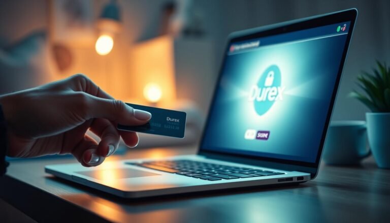 A sleek and modern representation of online payment security for Durex, focusing on a digital payment interface on a laptop screen. In the foreground, show a hand with neatly manicured fingers using a credit card to make a secure online transaction. The middle layer features a laptop displaying a glowing webpage with Durex's logo and emphasis on secure payment icons like padlocks. The background is softly blurred, suggesting a cozy, private home office setting with soft lighting casting gentle shadows, creating a sense of trust and privacy. The overall atmosphere should convey security, professionalism, and innovation, using a subtle color palette of blues and greys to evoke a sense of calm and safety.