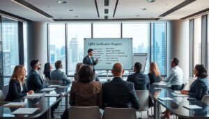 An elegant, modern office setting with a focus on a professional training course. In the foreground, a diverse group of business professionals, dressed in business attire, attentively engaged in a workshop. They are surrounded by tables with materials related to the "QAS Certification Program" and legal compliance. In the middle ground, a large whiteboard displays key points of the training. The background features large windows with a view of a bustling cityscape, allowing soft, natural light to filter in, creating a bright and motivating atmosphere. The image conveys a sense of professionalism, collaboration, and commitment to learning in a high-stakes environment.