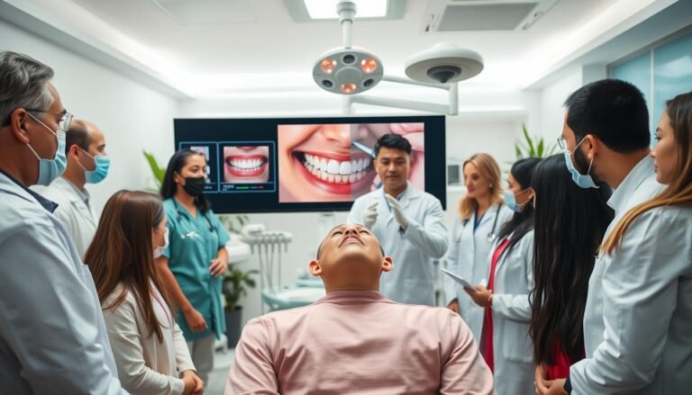 A clinical setting showcasing the results of the Du Yagen principle's treatment effects. In the foreground, a diverse group of healthcare professionals in professional attire, such as lab coats or business casual clothing, observes a high-resolution digital screen displaying before-and-after images of patient cases. In the middle, a patient center stage, displaying clear improvements in dental health, while a dentist visually explains the treatment process with tools nearby. The background features a modern dental clinic with bright, clean lighting, equipment neatly arranged, and plants adding a touch of warmth. The mood is professional and optimistic, highlighting successful treatment outcomes and collaboration in the healthcare field. The angle captures the interaction between the professionals and the patient, emphasizing engagement and expertise.