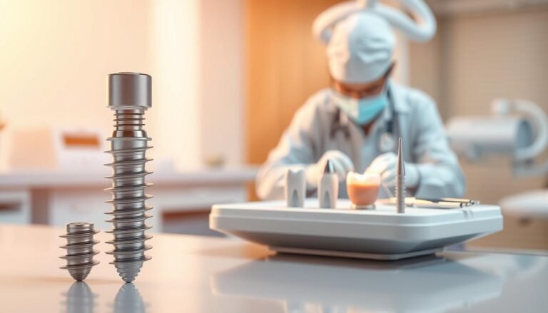 A detailed illustration of a dental implant structure and its implantation process. In the foreground, showcase a precise 3D model of a dental implant, highlighting the titanium post, abutment, and crown. In the middle, depict a step-by-step visual of the implantation process: a clinician in professional attire performing the procedure, surrounded by dental instruments on a clean, well-lit surgical tray. The background features a softly blurred dental clinic setting with bright, warm lighting that creates a reassuring atmosphere. The focus should be on clarity and educational value, with an emphasis on the scientific aspects of dental implants, conveying a sense of professionalism and innovation in dental care.