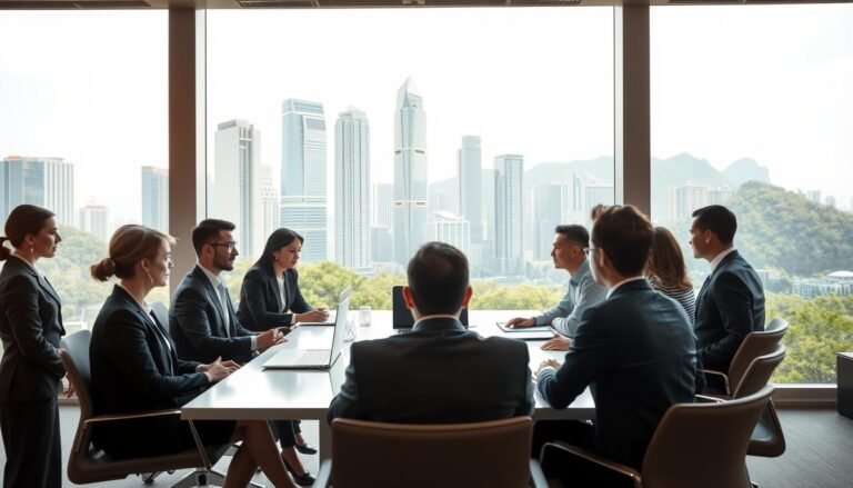 A professional office environment showcasing the concept of corporate compliance management in Hong Kong. In the foreground, a diverse group of business professionals, dressed in elegant business attire, are engaged in a serious discussion around a sleek conference table. On the table, visible documents and a laptop emphasize the importance of compliance. In the middle ground, large windows let in natural light, casting a warm glow and creating an inviting atmosphere. The background features a city skyline view of Hong Kong, highlighting tall skyscrapers and lush greenery that suggest growth and prosperity. Employ a soft focus for a realistic depth of field, enhancing the mood of intensity and professionalism. The overall lighting is bright yet warm, creating a sense of optimism and diligence.