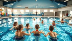 A serene swimming pool setting designed for a swimming class, with a structured layout featuring various training equipment such as kickboards, swim fins, and flotation devices. In the foreground, a group of empathetic, professional instructors dressed in modest, casual clothing are engaged in teaching students of different ages. The middle ground shows learners practicing strokes with a focus on technique, with a therapist providing guidance. Sunlight filters through large windows, casting cheerful reflections on the water. The background features a calming aquatic mural and clear, clean locker rooms. Capture the atmosphere of encouragement and collaboration, highlighting the importance of teamwork in swimming education and therapy. Use a wide-angle lens to emphasize the spaciousness and positive energy of the environment.