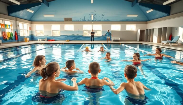 A serene swimming pool setting designed for a swimming class, with a structured layout featuring various training equipment such as kickboards, swim fins, and flotation devices. In the foreground, a group of empathetic, professional instructors dressed in modest, casual clothing are engaged in teaching students of different ages. The middle ground shows learners practicing strokes with a focus on technique, with a therapist providing guidance. Sunlight filters through large windows, casting cheerful reflections on the water. The background features a calming aquatic mural and clear, clean locker rooms. Capture the atmosphere of encouragement and collaboration, highlighting the importance of teamwork in swimming education and therapy. Use a wide-angle lens to emphasize the spaciousness and positive energy of the environment.