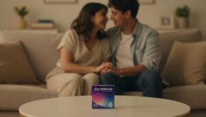 In a cozy, intimate setting, a couple sits closely on a soft sofa, sharing a warm moment. The scene is bathed in gentle, warm lighting that creates a romantic atmosphere, accentuating their expressions of comfort and trust. The couple is dressed in casual, modest clothing, radiating a sense of connection and ease. In the foreground, an elegantly designed package of "skyn零感安全套" is subtly placed on a stylish coffee table, emphasizing the product's innovative technology and focus on comfort. The background features soft, blurred decor that complements the living space, enhancing the feeling of warmth and intimacy. The composition is shot with a shallow depth of field, capturing the couple's interaction while keeping the focus on the product, framed in a cinematic 4:3 aspect ratio.