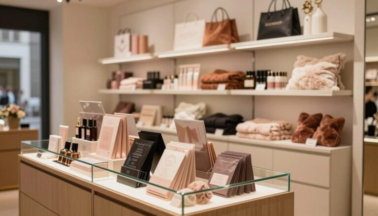 A modern specialty store display dedicated to adult products, showcasing an array of elegantly arranged items. In the foreground, a polished glass counter features tastefully packaged products, with warm lighting softly illuminating them. The middle consists of neatly organized shelves displaying a variety of tasteful merchandise, accented by plush textures and inviting colors. The background includes subtle, minimalist decor that enhances the professional atmosphere without being provocative. The scene captures a sense of sophistication and approachability, aimed at couples seeking products for intimacy. The angle is slightly elevated, creating a cinematic view that conveys a cozy yet modern ambiance, ideal for discussing the evolution of adult stores. The image should have a 4:3 aspect ratio, emphasizing natural lighting for a warm, inviting feel.