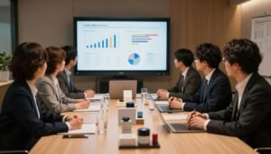 A professional market analysis meeting focused on the trends of Japanese adult novelty products, featuring a group of diverse business professionals in smart attire, engaged in a lively discussion. In the foreground, a variety of innovative product designs displayed on a sleek conference table. The middle ground showcases the team examining graphs and data charts projected on a screen, highlighting market demands and trends. The background includes a modern office setting with warm, inviting lighting that creates a cozy and intimate atmosphere. The image has a cinematic feel, with soft shadows and a balanced composition in a 4:3 aspect ratio, emphasizing collaboration and innovation in product development.
