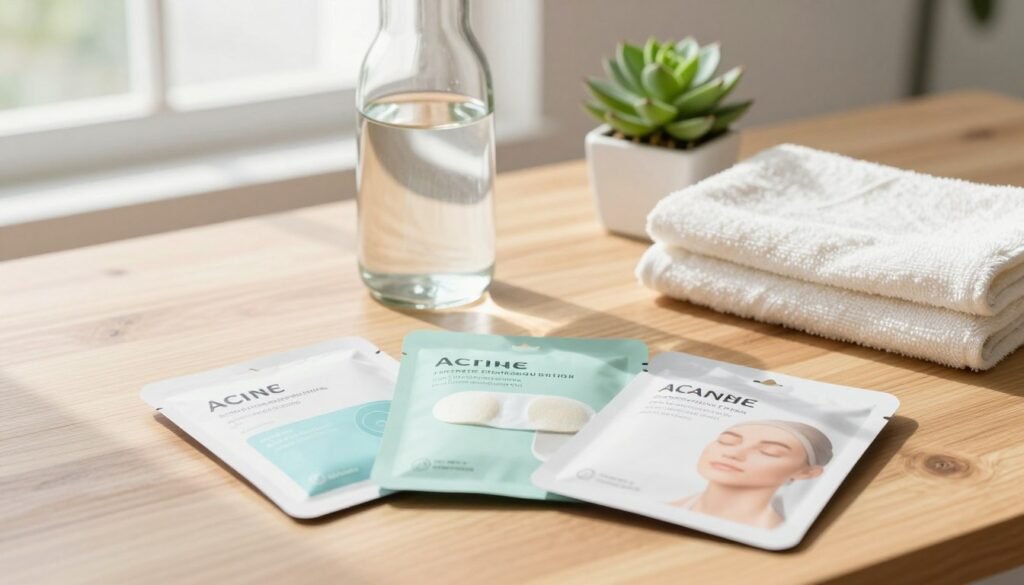A visually appealing layout showcasing popular acne patch products on a sleek wooden tabletop. In the foreground, there are three different brands of acne patches in their distinctive packaging, arranged neatly for comparison. In the middle ground, a clear glass bottle filled with water, a towel, and a small succulent plant provide a natural, fresh atmosphere. In the background, soft natural light filters through a window, casting gentle shadows and creating a clean, energetic vibe, suggesting a healthy lifestyle. The color palette should be soft and inviting, with pastel colors that give a sense of calm and clarity, ideal for an informative article about effective acne prevention during workouts.