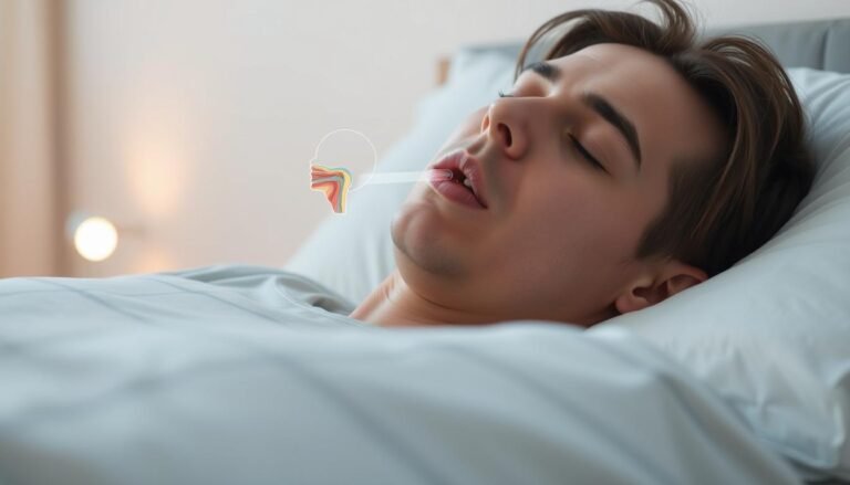 A detailed illustration of the causes of snoring, featuring a close-up view of a serene sleeping person in their bedroom. In the foreground, focus on the person’s relaxed face, showcasing subtle breathing patterns, with their mouth slightly open. The middle section should depict anatomical diagrams subtly overlaid, illustrating the airway, soft palate, and tongue's position, indicating how these contribute to snoring. In the background, a softly lit bedroom environment with gentle nightstand lights creates a calm mood, enhancing the sense of tranquility disrupted by snoring. Use warm, soothing colors and ensure the scene evokes curiosity about the mechanisms of snoring while maintaining a professional and informative tone. The angle should be slightly elevated, allowing a clear view of the anatomical overlays while keeping the sleeping person centered and undisturbed.