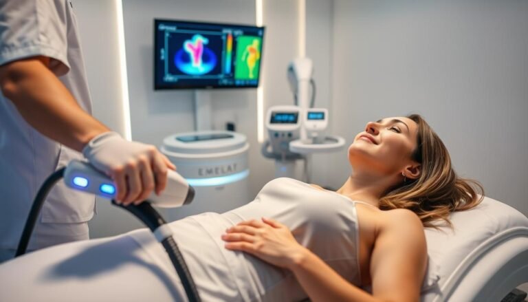A modern laser hair removal treatment room, featuring advanced equipment with a sleek design. In the foreground, a professional practitioner in white scrubs operates a high-tech laser device. A patient lies comfortably on a treatment bed, dressed in modest, professional attire, looking relaxed and confident. The atmosphere is calm and clinical, with soft, diffused lighting enhancing the sterile yet welcoming environment. In the background, high-tech medical tools and a screen displaying thermal imaging are softly illuminated, reinforcing the advanced technology used in the procedure. The angle is slightly high, capturing both the practitioner’s focused expression and the patient’s reassuring demeanor, evoking a sense of innovation and comfort in the laser hair removal experience.