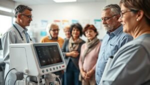 A professional, clinical setting featuring an adapted servo-ventilation machine (ASV) prominently in the foreground, showcasing its intricate design and user interface. In the middle ground, a diverse group of elderly individuals, dressed in modest, casual clothing, are engaged in consultation with a healthcare professional. The atmosphere is serious yet supportive, promoting reassurance in a medical context. The background contains clean medical equipment, soft lighting highlighting the features of the ASV, and shelves with informative medical literature. The angle is slightly elevated, capturing all elements harmoniously while ensuring clarity of the ventilation machine's details. The overall mood is one of informed choice and careful consideration in the selection of suitable respiratory devices.