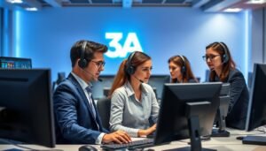 A vibrant and modern office setting showcasing a professional technical support team from "3A". In the foreground, a diverse group of three IT specialists, dressed in smart business attire, attentively assist customers via phones and computers, conveying an atmosphere of teamwork and efficiency. The middle ground features high-tech equipment, including monitors displaying live support statistics and user interfaces. In the background, a calming blue-lit wall with the "3A" logo prominently displayed, reinforcing the brand identity. The lighting is bright and inviting, creating a mood of reliability and professionalism, while an angled view captures the dynamic interaction between the team and their clients, emphasizing the importance of 24/7 technical support for players.