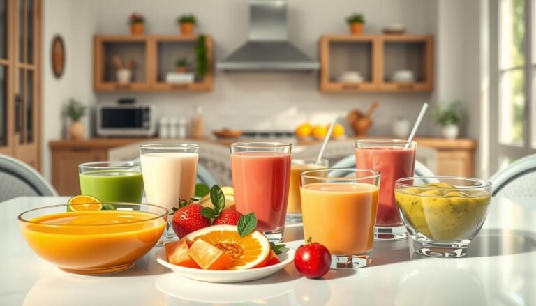A visually appealing illustration depicting a serene and tasteful spread of soft, liquid foods recommended for post-operative care after wisdom teeth removal. In the foreground, an elegant table with a selection of items like creamy soups, smoothies in glass cups, and pureed fruits, all showcasing vibrant colors and textures. The middle section should have a gentle background of a kitchen with soft, natural lighting filtering through a window, reflecting a calm atmosphere. The angle should be slightly tilted to create a dynamic viewing experience, while ensuring the focus remains on the delectable food items. The mood is soothing and reassuring, emphasizing a safe and gentle approach to eating post-surgery without any stimuli that could irritate sensitive wounds.