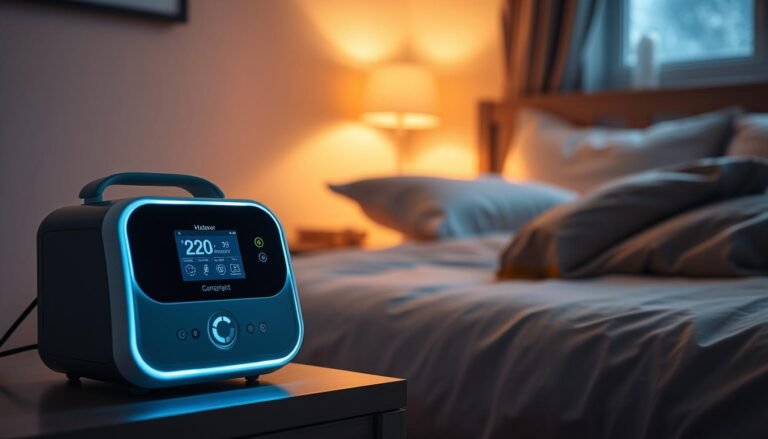 A close-up view of a modern sleep apnea machine, elegantly placed on a bedside table in a softly lit bedroom. The foreground features the sleek machine with a digital display, illuminating the area with a gentle glow. In the middle ground, a comfortable bed adorned with cozy linens and a supportive pillow can be seen. The background showcases a serene atmosphere with muted colors, suggesting a peaceful night. Warm, ambient lighting enhances the tranquil mood, while a window reveals a glimpse of a starlit sky. This composition reflects the effectiveness of sleep therapy devices for improving sleep rhythms and provides a calming yet informative visual representation.