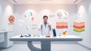 A comprehensive illustration showcasing various methods for warts removal, centered around a medical professional in a clean, sterile clinic setting. In the foreground, depict the professional, dressed in a white lab coat, explaining the techniques with visual aids and tools laid out on a sleek examination table. In the middle ground, include detailed elements like different wart removal instruments such as cryotherapy equipment, a laser treatment device, and topical solutions displayed prominently. The background features soft, diffused lighting to create a calming atmosphere, with abstract representations of skin layers and the healing process subtly integrated. Ensure a professional and educational tone throughout the image, highlighting the importance of assessing safety and effectiveness of these methods.