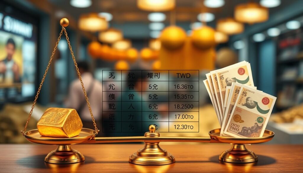 A detailed diagram illustrating the conversion of "一兩黃金" into Taiwanese dollars (TWD) using traditional measurement units such as "兩, 錢, 分, 厘" alongside the international ounce. In the foreground, a golden scale balances a gleaming gold ingot on one side and representation of TWD currency notes on the other. In the middle, a neatly organized table outlines conversion values with traditional Chinese characters and symbols. In the background, a subtle blurred image of a bustling gold market or a currency exchange office to add context. Soft, warm lighting highlights the gold and adds a professional atmosphere to the illustration, emphasizing clarity and precision without any text or additional overlays. A detailed diagram illustrating the conversion of "一兩黃金" into Taiwanese dollars (TWD) using traditional measurement units such as "兩, 錢, 分, 厘" alongside the international ounce. In the foreground, a golden scale balances a gleaming gold ingot on one side and representation of TWD currency notes on the other. In the middle, a neatly organized table outlines conversion values with traditional Chinese characters and symbols. In the background, a subtle blurred image of a bustling gold market or a currency exchange office to add context. Soft, warm lighting highlights the gold and adds a professional atmosphere to the illustration, emphasizing clarity and precision without any text or additional overlays.