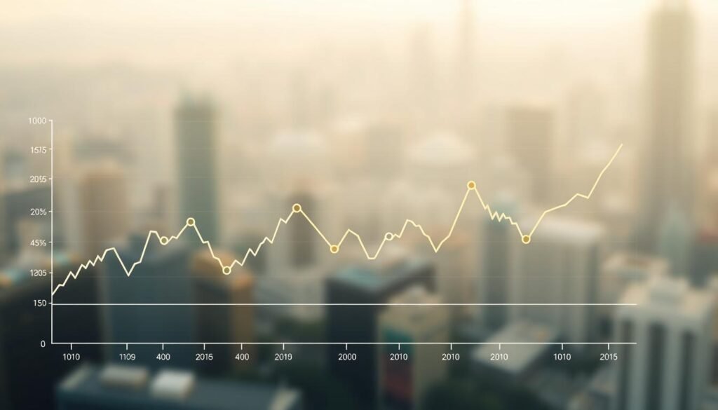 A detailed financial chart showing the price trend of one tael of gold in Taiwanese dollars over time. The foreground features a clearly defined line graph with fluctuating lines representing the price changes, embellished with markers for significant data points. In the middle, a subtle gradient represents the background of the chart, with soft colors transitioning to evoke a professional and analytical atmosphere. The background has a blurred city skyline hinting at economic activity, bathed in soft daylight to enhance clarity. The overall mood is informative and business-oriented, emphasizing the importance of understanding gold pricing. The image should be clean and cohesive, without any text or logos, at a perspective that highlights the graph prominently. A detailed financial chart showing the price trend of one tael of gold in Taiwanese dollars over time. The foreground features a clearly defined line graph with fluctuating lines representing the price changes, embellished with markers for significant data points. In the middle, a subtle gradient represents the background of the chart, with soft colors transitioning to evoke a professional and analytical atmosphere. The background has a blurred city skyline hinting at economic activity, bathed in soft daylight to enhance clarity. The overall mood is informative and business-oriented, emphasizing the importance of understanding gold pricing. The image should be clean and cohesive, without any text or logos, at a perspective that highlights the graph prominently.