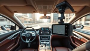 A high-tech car dashboard featuring a sleek, modern "行車記錄器" (dashcam) prominently displayed in the foreground. The dashcam is equipped with advanced sensors, showing clear details of its design, including buttons and LED indicators. In the middle ground, a stylish car interior with leather seats and a minimalist touch screen interface that displays navigation information, subtly hinting at the importance of GPS functionality. The background reveals a cityscape passing by through a large windshield, with soft natural light filtering in, creating a professional and informative atmosphere. The angle captures the action from the driver's perspective, emphasizing the relationship between the dashcam and the vehicle's technology. The overall mood is modern and sophisticated, with an emphasis on safety and reliability.