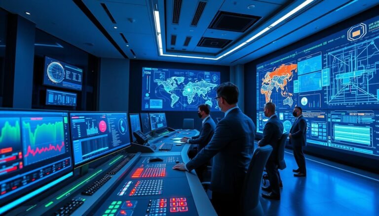 A modern cybersecurity operations center, showcasing advanced technological defenses to combat cyber threats. In the foreground, screen displays with real-time data layouts, depicting traffic analysis and security alerts, while cybersecurity professionals in smart business attire monitor the systems. The middle ground features a sleek control panel with vibrant LED indicators, emphasizing urgency and activity. In the background, large digital walls display intricate security network maps and threat detection visuals, illuminated by soft blue and green lighting. The atmosphere is intense yet focused, conveying a sense of vigilance and innovation in internet security measures, with an overall clean, high-tech aesthetic suitable for a professional article on online safety.