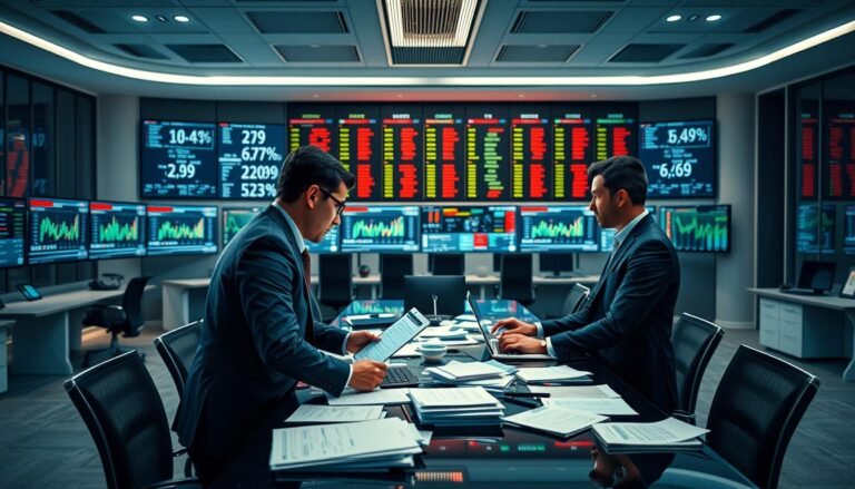 A modern office environment featuring a team of professionals engaged in financial analysis related to sports betting. In the foreground, two individuals, dressed in smart business attire, are closely examining digital screens displaying colorful graphs and statistics of account balances. In the middle ground, a large conference table cluttered with financial documents and laptops reflects a collaborative work atmosphere. The background showcases a sophisticated control room filled with high-tech monitors and data feeds, with soft, ambient lighting creating a focused yet dynamic mood. The scene emphasizes precision and efficiency in financial reconciliation, symbolizing the accuracy of electronic wallet balances in the gaming industry. The overall ambiance is professional and energetic, evoking a sense of diligence and teamwork.