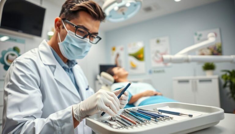 A professional dental clinic setting, highlighting the importance of dental services. In the foreground, a friendly dentist in a white coat, wearing a mask and gloves, attentively examining a patient in a dental chair. The middle ground features dental instruments and tools neatly arranged on a tray, symbolizing preparedness and care. The background includes a bright, clean office with dental posters and soothing colors, emphasizing a welcoming atmosphere. Soft, natural lighting illuminates the scene, creating a sense of calm and professionalism. The composition should evoke trust and the significance of regular dental visits, reflecting the pivotal role of dentists in maintaining oral health.