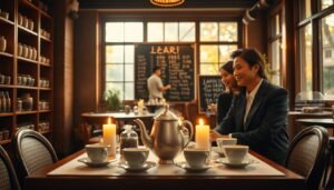 A cozy, intimate tea shop in Taichung during the best reservation hours, showcasing a beautifully set table with an elegant tea set featuring delicate porcelain cups and a steaming teapot. In the foreground, a couple in professional business attire enjoys their tea, smiling and engaged in conversation, with soft candlelight illuminating their faces. The middle ground reveals shelves filled with various tea leaves and a chalkboard displaying popular tea selections. In the background, large windows bathe the space in warm, golden natural light, creating a cinematic atmosphere. The overall mood is inviting and romantic, suggesting a perfect moment for a leisurely tea experience. The image is framed in a 4:3 aspect ratio, emphasizing the warm, welcoming environment.