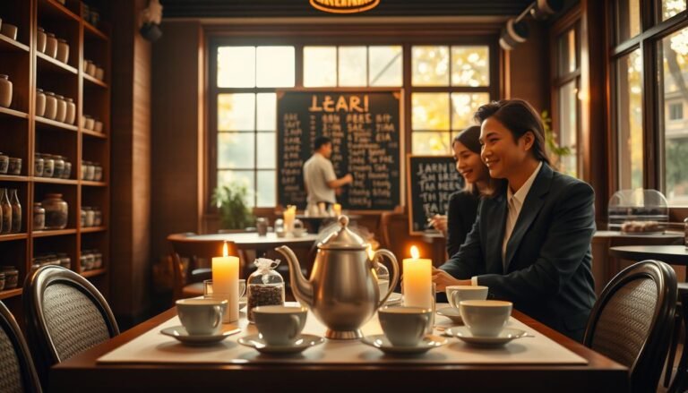 A cozy, intimate tea shop in Taichung during the best reservation hours, showcasing a beautifully set table with an elegant tea set featuring delicate porcelain cups and a steaming teapot. In the foreground, a couple in professional business attire enjoys their tea, smiling and engaged in conversation, with soft candlelight illuminating their faces. The middle ground reveals shelves filled with various tea leaves and a chalkboard displaying popular tea selections. In the background, large windows bathe the space in warm, golden natural light, creating a cinematic atmosphere. The overall mood is inviting and romantic, suggesting a perfect moment for a leisurely tea experience. The image is framed in a 4:3 aspect ratio, emphasizing the warm, welcoming environment.