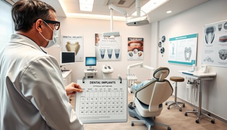 A dental clinic interior focusing on the importance of dental implant timing. In the foreground, a professional dentist, dressed in a crisp white coat and protective gear, discusses treatment options with a patient seated in a modern dental chair. The middle ground showcases an advanced dental examination table with high-tech equipment and a calendar displaying optimal implant timelines prominently. The background features clean, bright clinic walls adorned with educational posters about dental implants and innovative technologies. The lighting is soft and warm, creating a welcoming atmosphere, with soft shadows to accentuate the clinic's cleanliness. The scene is captured at eye level, emphasizing a professional yet inviting mood.