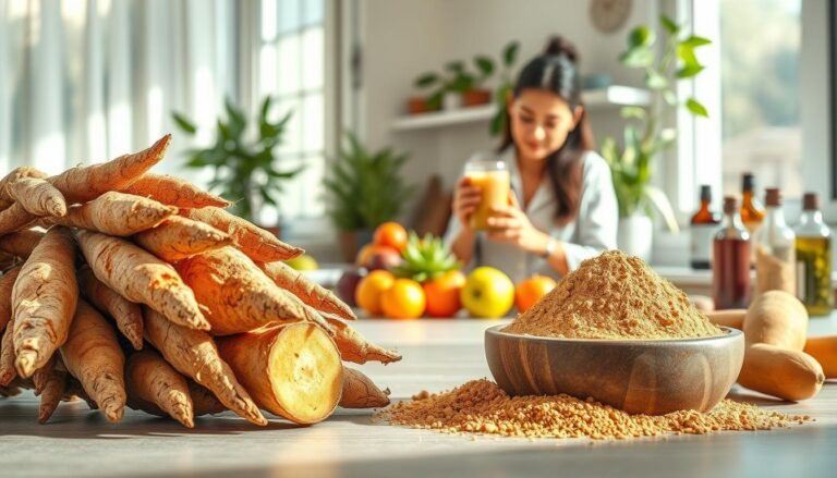 A detailed illustration showcasing the health benefits of Maca root. In the foreground, display a vibrant bunch of fresh Maca roots and powder, emphasizing their earthy tones of brown and beige. In the middle ground, depict a serene kitchen scene with a professional woman in modest casual attire, thoughtfully mixing a smoothie using Maca powder, surrounded by fruits and green plants that suggest vitality. In the background, include soft-focus elements like herbal bottles and a sunlight-drenched window with sheer curtains, creating a warm and inviting atmosphere. Use natural lighting to highlight the textures and colors of the ingredients, with a slightly elevated angle to capture the dynamic interplay of health and wellness. The overall mood should feel uplifting and holistic, representing the essence of Maca's benefits.
