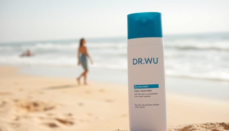A sleek, modern bottle of DR.WU sunscreen prominently displayed in the foreground against a soft, blurred beach backdrop. The bottle features a minimalist design with a white and blue color scheme, showcasing its label clearly but without any text. In the middle ground, a soft-focus scene of golden sand and gentle waves enhances the beach atmosphere. The lighting is bright and sunny, reflecting a cheerful and inviting mood, while shadows are soft to maintain a clean, professional look. A distant figure in modest casual attire enjoys the sun, emphasizing the sunscreen's relevance. Capture this composition from a slight angle to create depth, focusing on the bottle with a shallow depth of field that highlights the product while still incorporating the beach environment.