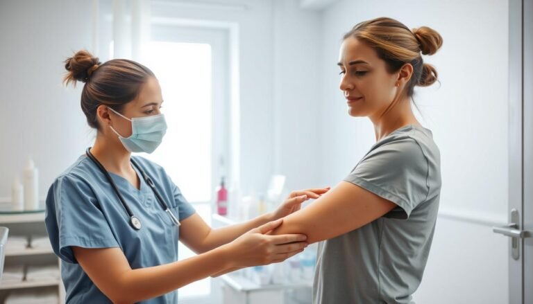 A sterile medical environment showcasing a nurse providing post-procedure care for a patient who has recently undergone wart removal. In the foreground, the nurse, dressed in professional scrubs, is gently applying a topical treatment to the patient's arm, ensuring proper wound care. The patient, wearing a modest, short-sleeved shirt, looks calm and attentive. In the middle ground, a medical cart is organized with various skincare products and tools, emphasizing a focus on pigmentation prevention. In the background, soft, diffused natural lighting filters through a window, creating a serene and reassuring atmosphere. The overall mood is clinical yet compassionate, highlighting the importance of careful post-operative care to prevent complications such as pigment deposition.