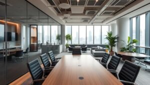 A modern office space in Wanchai, Hong Kong, showcasing a blend of renovation restrictions and shared facilities. In the foreground, a stylish conference room with glass walls, furnished with ergonomic chairs and a sleek wooden table, emphasizing a collaborative atmosphere. The middle ground features a common area with comfortable seating and greenery, highlighting shared amenities like a kitchenette and lounge space. The background reveals a cityscape through large windows, with soft natural light flooding the room, creating an inviting ambiance. The image captures the professional essence of modern workspace design, focusing on a harmonious balance between individual office needs and communal facilities, embodying a progressive business environment.