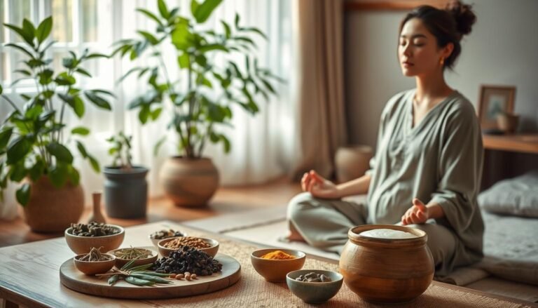 A serene scene of postpartum care in a traditional Chinese medicine setting. In the foreground, a modestly dressed woman sits comfortably on a soft mat, practicing meditation with her eyes closed, surrounded by herbs and traditional remedies. In the middle ground, a wooden table displays various herbal ingredients, tea, and a steaming bowl of congee, emphasizing a balanced diet. In the background, a softly lit room features lush green plants and a window with gentle sunlight filtering through sheer curtains, creating a warm, inviting atmosphere. The focus is on fostering a sense of well-being and tranquility, highlighting the importance of mindful living during the postpartum period. The overall mood is peaceful and nurturing, capturing the essence of traditional practices in a supportive environment.