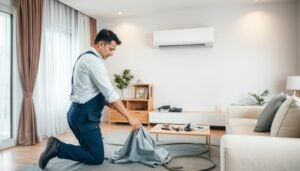 A skilled technician professionally installing a split air conditioning unit in a modern home interior. In the foreground, the technician, dressed in a neat uniform, is carefully placing protective covers on the floor and furniture to prevent any damage. In the middle ground, the wall reveals the air conditioning unit being fitted, with tools and equipment organized methodically around. The background showcases a stylish living room with minimalistic decor, featuring soft lighting that highlights the meticulousness of the installation process. The mood is focused and diligent, emphasizing the importance of protective measures during the installation. The scene conveys a sense of professionalism and care, with an emphasis on safeguarding the space.