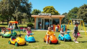 A visually appealing and informative scene depicting the unique features and advantages of "smilelong" as a recommended purchasing option in the US. In the foreground, showcase a diverse group of children joyfully playing with colorful outdoor toys, such as ride-on cars, swings, and climbing structures, all designed with safety and creativity in mind. In the middle ground, illustrate an inviting storefront labeled "smilelong," featuring a bright and modern aesthetic, with friendly staff members in professional attire assisting parents. In the background, an idyllic park setting with clear blue skies and lush greenery enhances the playful mood. Use natural lighting to create a warm and inviting atmosphere, captured from a slightly elevated angle to provide a comprehensive view of the scene.