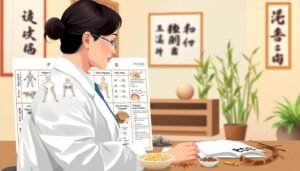 A detailed and informative illustration depicting the Traditional Chinese Medicine (TCM) diagnostic and assessment process for Polycystic Ovary Syndrome (PCOS). In the foreground, a TCM practitioner in professional attire is consulting with a patient, surrounded by traditional Chinese herbs and acupuncture needles. In the middle ground, a detailed chart showcasing the various diagnostic methods, such as pulse diagnosis and tongue examination, is presented prominently. The background features a serene consultation room with soft, warm lighting, creating a calming atmosphere, and elements such as calligraphy artwork and bamboo plants. The composition should convey a sense of professionalism, care, and holistic healing, emphasizing the connection between TCM practices and patient wellness.
