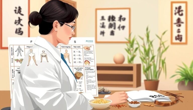 A detailed and informative illustration depicting the Traditional Chinese Medicine (TCM) diagnostic and assessment process for Polycystic Ovary Syndrome (PCOS). In the foreground, a TCM practitioner in professional attire is consulting with a patient, surrounded by traditional Chinese herbs and acupuncture needles. In the middle ground, a detailed chart showcasing the various diagnostic methods, such as pulse diagnosis and tongue examination, is presented prominently. The background features a serene consultation room with soft, warm lighting, creating a calming atmosphere, and elements such as calligraphy artwork and bamboo plants. The composition should convey a sense of professionalism, care, and holistic healing, emphasizing the connection between TCM practices and patient wellness.