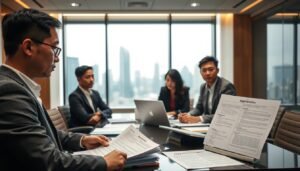 A professional meeting setting in a modern office, showcasing a diverse group of applicants studying documents related to the "高才通續簽" application process. In the foreground, a well-dressed individual of Asian descent is intently reviewing a stack of application papers, while two other professionals, one Black and one Caucasian, discuss strategies nearby. In the middle, a large conference table covered with essential documents and a laptop, with a soft glow from overhead lighting creating a focused atmosphere. The background features a large window with a skyline view of Hong Kong, invoking a sense of opportunity and ambition. The overall mood is serious and purposeful, emphasizing the importance of understanding the documentation required for successful applications.