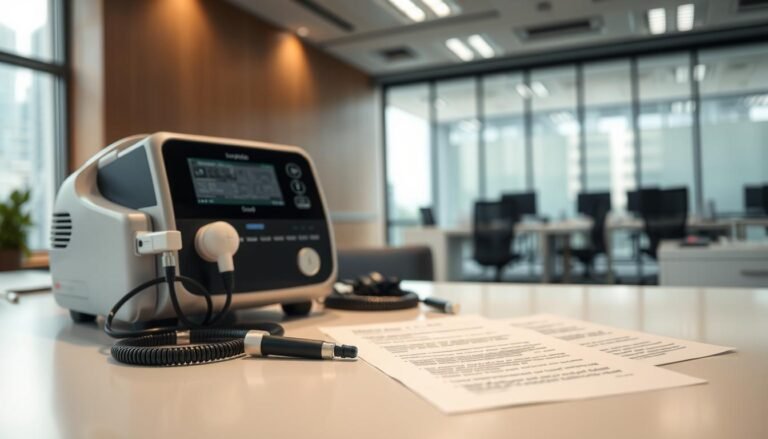 A professional office setting focuses on a sleep apnea machine prominently displayed on a sleek desk. The foreground showcases a detailed, well-lit sleep apnea device with its accessories neatly arranged. In the middle ground, a set of documents lies next to the machine, including forms and a checklist indicating compliance with customs regulations for importing medical devices into Hong Kong. The background features an unobtrusive view of a busy office environment, with a large window allowing soft natural light to diffuse through, creating a clean and organized atmosphere. The mood is serious and focused, ideal for conveying the importance of regulatory compliance. The scene captures a sense of professionalism and attention to detail in the import process.