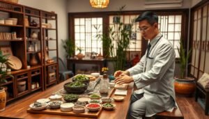 A serene and inviting traditional Chinese medicine clinic interior, focused on acne treatment methods. In the foreground, display a trained practitioner in professional attire, demonstrating topical herbal treatments on a well-organized wooden table filled with various natural ingredients like herbs, teas, and oils. The practitioner should exude a sense of calm and expertise, attentively explaining the process to a client sitting nearby. In the middle ground, showcase shelves lined with acupuncture needles, herbal concoctions, and ancient Chinese medical texts, hinting at a deep-rooted wisdom in dermatological care. The background should depict serene bamboo plants and soft natural light filtering through paper windows, creating a tranquil and healing atmosphere. The overall mood should be soothing and professional, emphasizing a holistic and balanced approach to acne treatment.