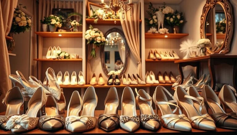 A stunning display of elegant, affordable wedding shoes, artfully arranged in a cozy, softly lit boutique. The foreground features a variety of stylish wedding shoes, showcasing different designs—some with delicate lace detailing, others with classic satin finishes—all designed for comfort and stability. In the middle ground, a warm, inviting atmosphere is captured with wooden shelves adorned with floral arrangements and subtle lighting that highlights the shoes' textures. The background presents hints of tasteful decor, like soft draped curtains and a vintage mirror reflecting the display. The scene evokes a sense of elegance and serenity, encouraging brides-to-be to find their perfect pair for a memorable day. The lighting is soft and warm, creating a friendly and inviting mood.